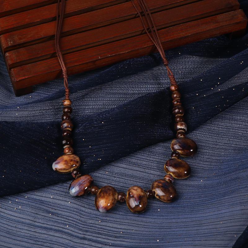 Colorful Ceramic Bean Necklace Handmade Boho Pendant Adjustable Vintage Jewelry For Women Gift