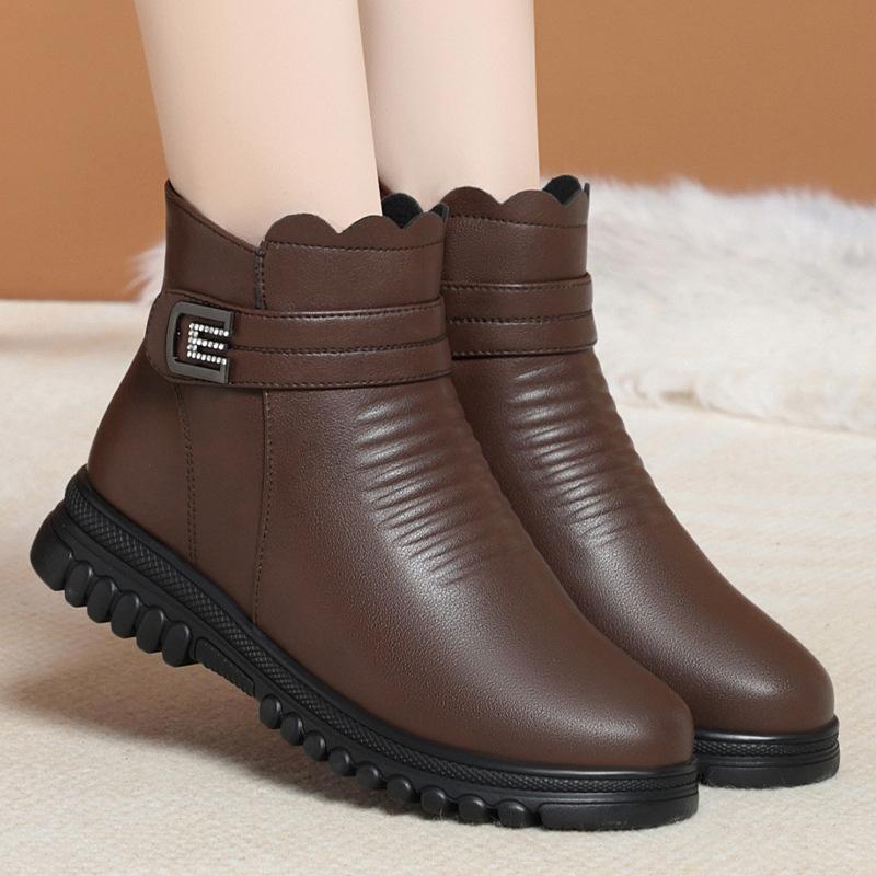 Fashion 2024 Fashion Winter Boots Women Leather Ankle Warm Boots Mom Autumn Plush Wedge Shoes Woman Shoes Anti-slip Middle-aged Elderly