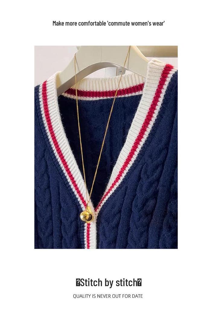 College Style V-Neck Color Block Wool Cardigan Women's Slimming Cable Knit Sweater Coat