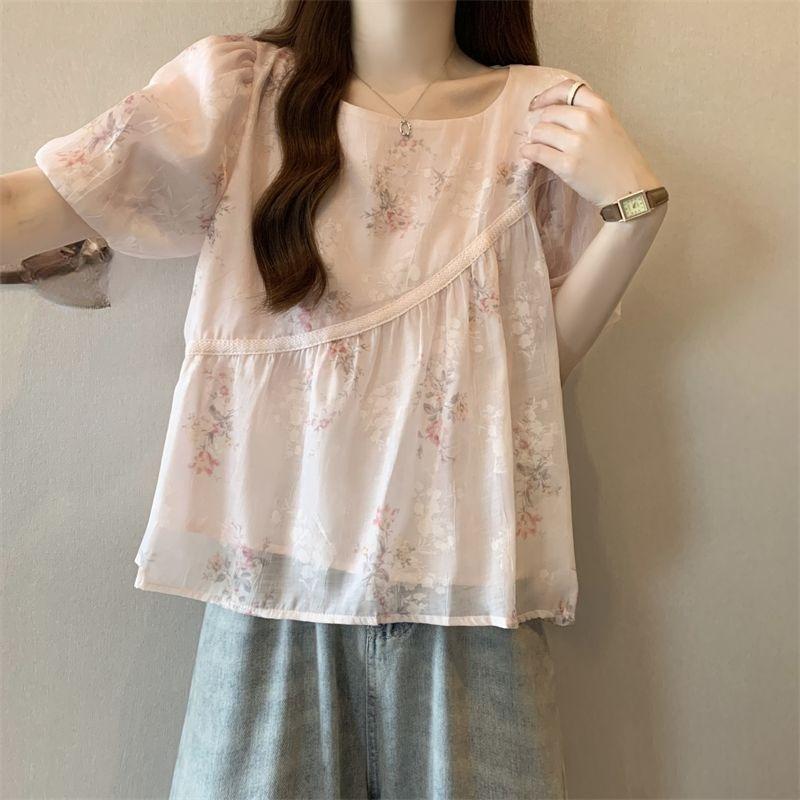 

Женская футболка с рукавами-пузырями, с мелким цветочным принтом, летний лоскутный сладкий топ, повседневный универсальный пуловер с круглым вырезом XXL розовый