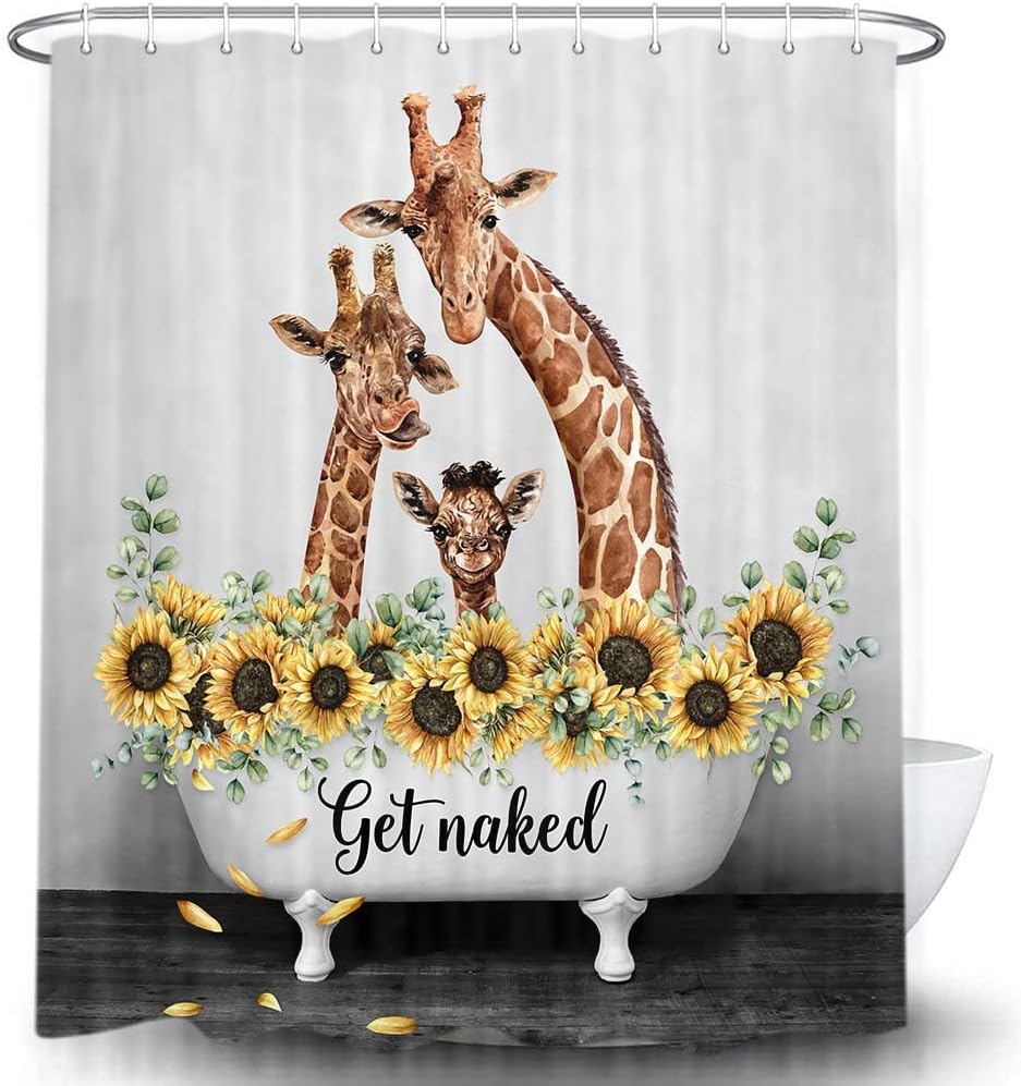 Funny Giraffe Get Naked Shower Curtain, Cute Animal Sunflower Modern Decor, Artistic Waterproof Washable