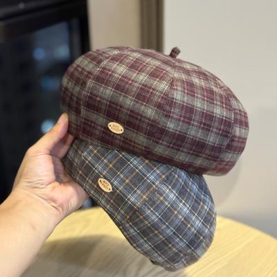 Korean Version of Simple Small Label Plaid Beret for Literary Women Retro All Match Painter Hat Large Head Circumference Pumpkin Hat