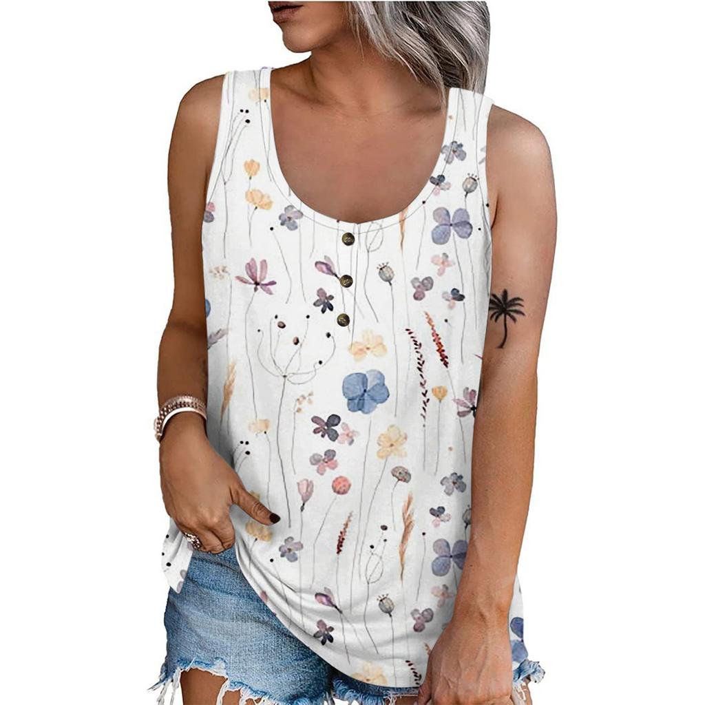 Women Summer Sleeveless Casual Floral Printed O-Neck T-Shirt Tops Blouse