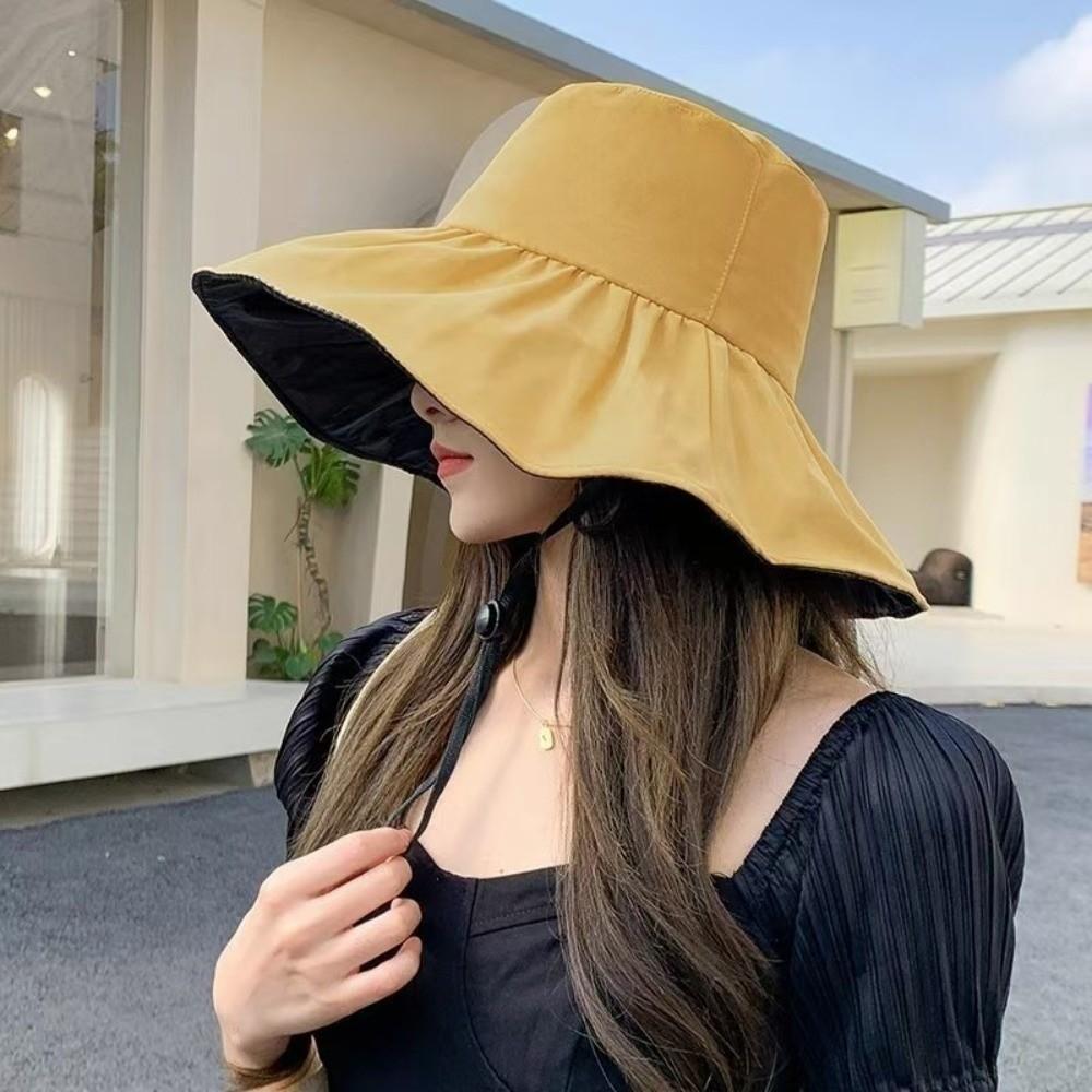 Simple Solid Color Women Fisherman Hat Foldable Adjustable Wide Brim Sun Hat Sunshade Anti-Ultraviolet Sun Protection Hat Summer