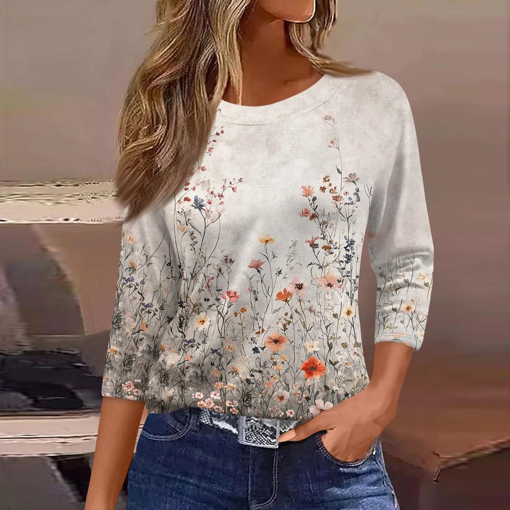 Women's Three-Quarter Sleeve Shirt, Round Neck, Loose Fit, Casual Shirt, Floral Print T-Shirt, Summer