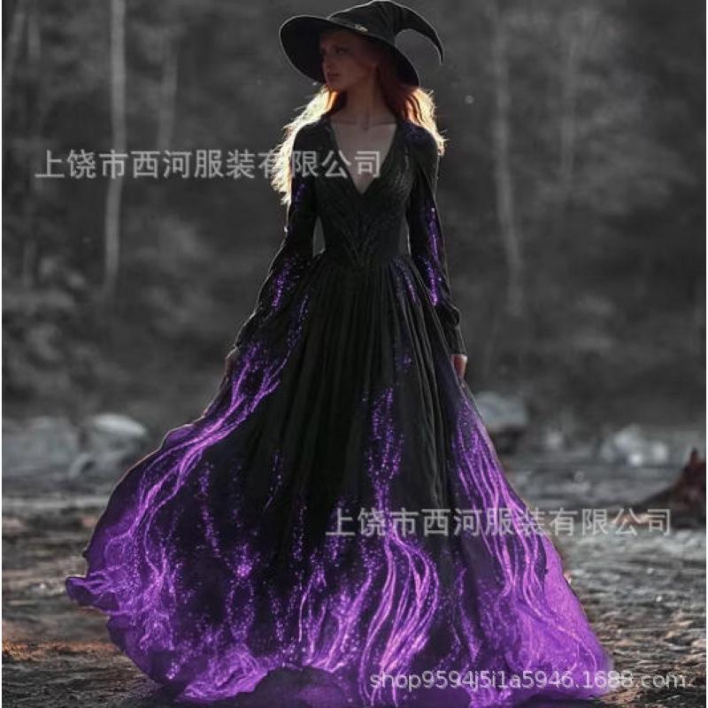 Abito da donna vintage gotico con teschio e rosa, motivo a gradiente, vestito lungo di Halloween con motivo a gradiente