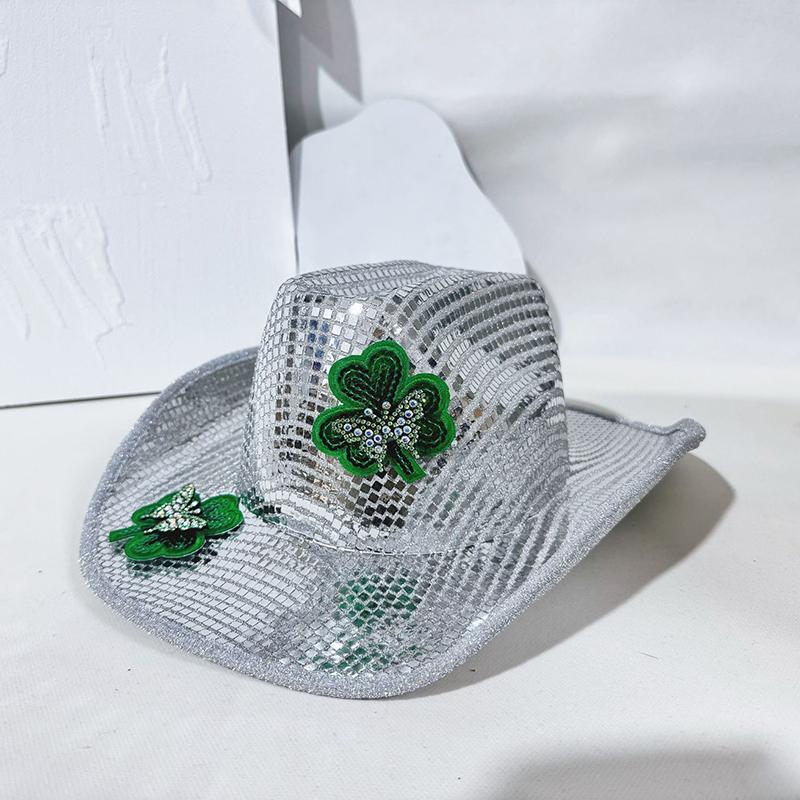 Trendy St. Patrick'S Day Cowgirl Hat Green Clover Irish Festival Party Headwear Silver Sequin Cowboy Hat Party Costume Accessory