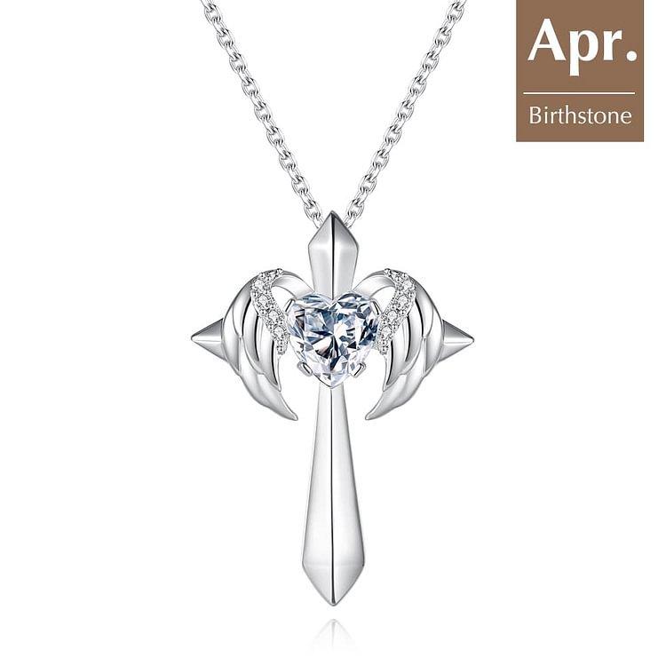 Colier Nou cu Pandantiv Cruce Aripă de Înger, Modă Femei, Colier cu Piatră Natală în Formă de Inimă, Cadou