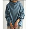 Women Cowl Neck Knit Long Sleeve Top Solid Blue Loose Oversized Casual Office Blouse