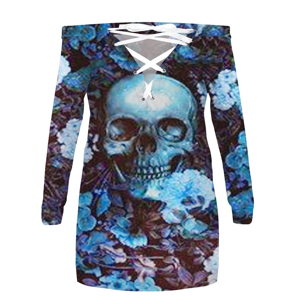 Women's Casual Fashion 2022 Lace-Up Strapless Halloween Print Mid-Length Sweatshirt Dress