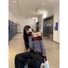 Temperament Contrast Striped Long-sleeved T-shirt for Women Spring New Slim Design One-shoulder Top