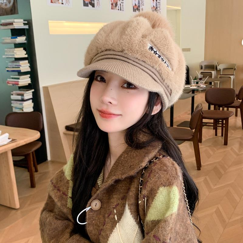 Korean New Autumn and Winter Hat for Women Fashionable and Versatile Rabbit Fur Warm Baseball Cap Cute Winter Fur Ball Cold Hat Thick