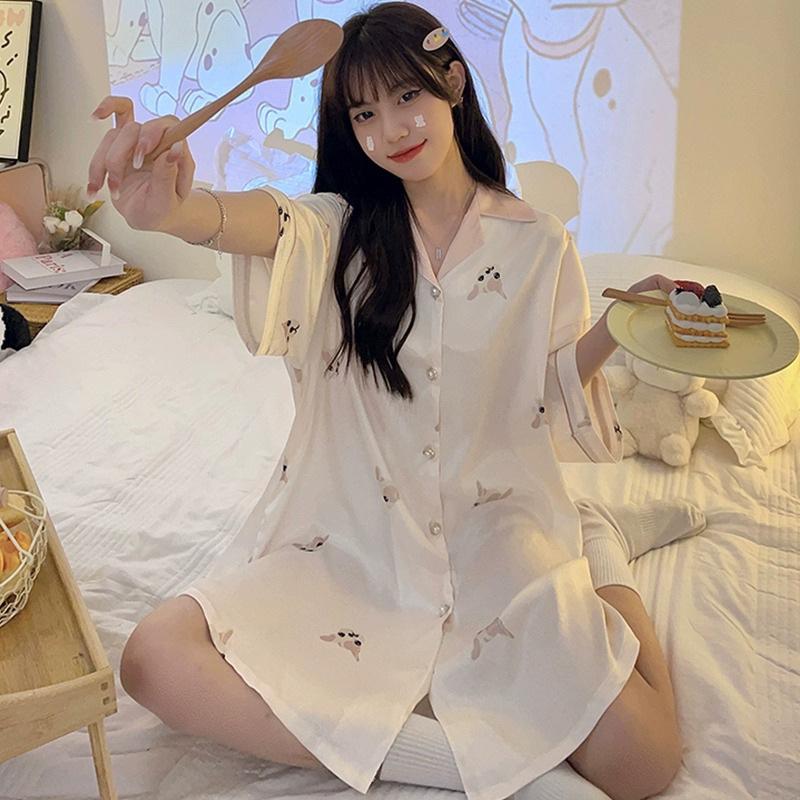 Autumn Cartoon Puppy Short-Sleeved Small Lapel Nightdress Skin-Friendly Body Comfortable Soft Loungewear Nightdress