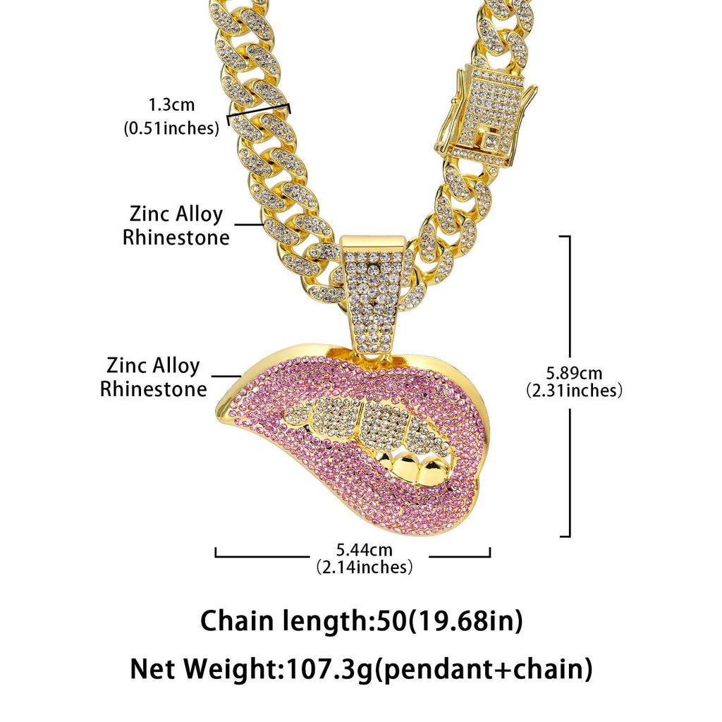 Men's European & American Hip-Hop Cuban Chain Necklace with Lip Pendant & Full Diamond Zinc Alloy.