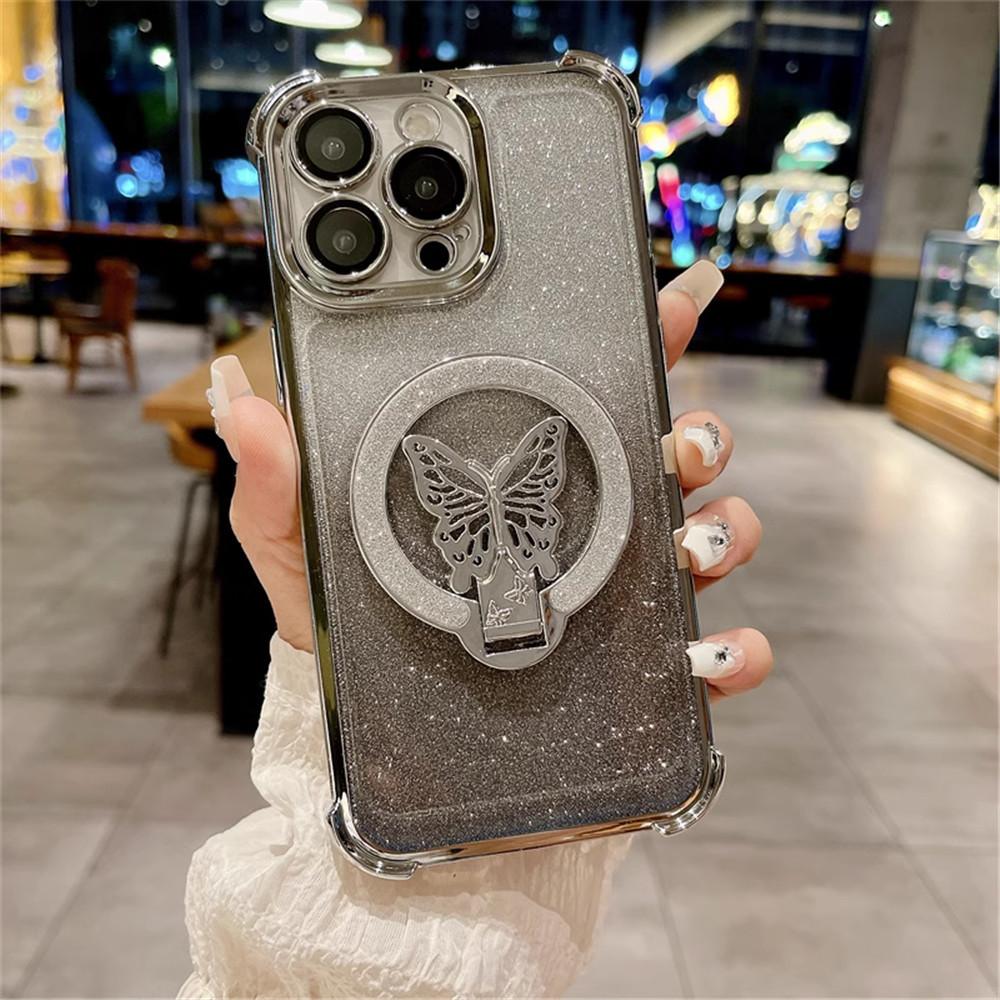 Shockproof Glitter Plating Butterfly Stand Case For OPPO A16 A16S A17 A15 A53 A5 A9 2020 A54S A53S 4G Soft Silicon Bracket Cover