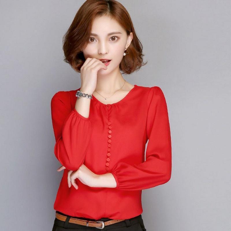 Elegant Summer Female Shirt Long Sleeve Blouse Button Women Office Chiffon Ruffle Tops For Stylish Comfort