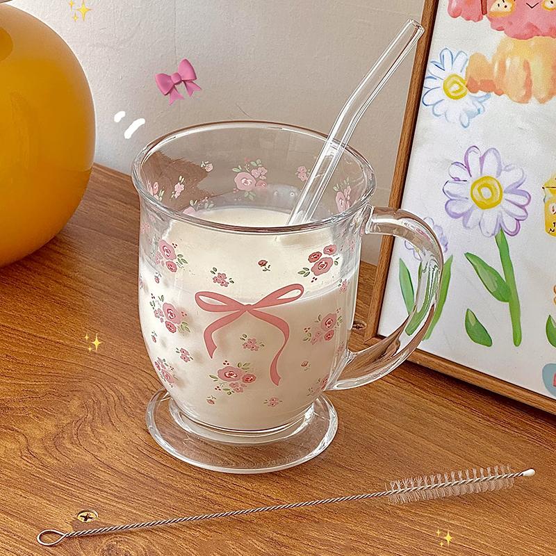 Kawaii Bowknot Glass Cups Tumbler Aesthetic Cute korean Flower Mugs For Ice Coffee Juice Beer Milk Tea Glasses Cup Bowl For Girl