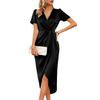 Elegant Wrap Dress for Women Satins V Neck Short Sleeve Midi Long Slit and Pleated Detail Gown for Party Gatherings