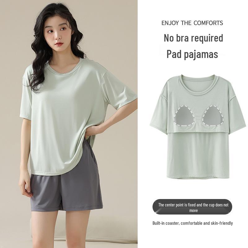 Women's Summer Modal Pajama Set with Chest Pad - Short Sleeve and Shorts, Cool Rayon, Anti-Bump, Suitable for Outdoor Wear