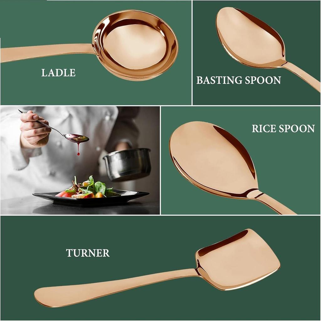 4 Pieces Stainless Steel Rose Gold Serving Spoons Set for Dining Table/Kitchen, 1.8 Mm Heavy Gauge