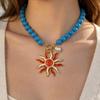 ZA Enamel Sun Pendant Beaded Necklace: Retro Clavicle Chain, High-End Statement Jewelry for Women