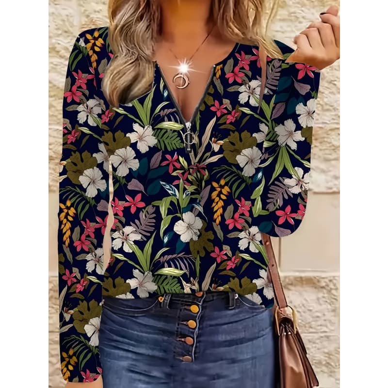 Women's Creative Printed Zipper Long-sleeved T-shirt, Breathable, Soft and Comfortable, Suitable for All-year-round Casual Wear