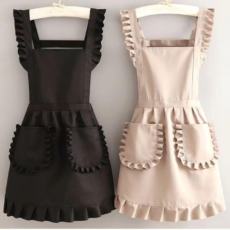 1Pc Stylish Korean  Apron, Princess Apron, Canvas Waterproof Dining Apron With Pockets, Polyester Apron For Women