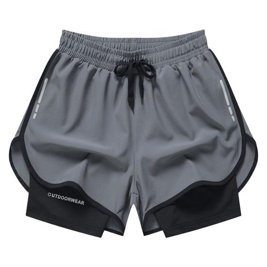 

Men Beach Shorts Loose Double Layers Quick Dry Conservative Breathable Swimming Elastic Waist Plus Size Solid Color Swimming Trunks Water M сірий