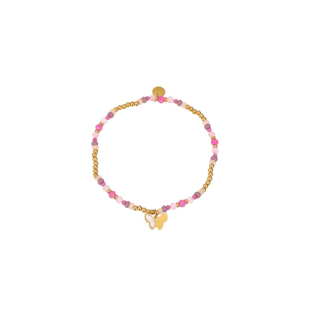 GEMCHIC Women's Multicolor Beaded Stackable Bracelets Set with Gold Butterfly Charm, Natural Stone & Stainless Steel Boho Wristband Jewelry