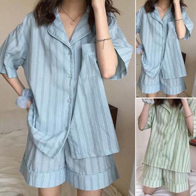 2 Pcs/Set Women Pajamas Set Lapel Contrast Color Striped Print Short Sleeve Elastic Waist Loose Wide