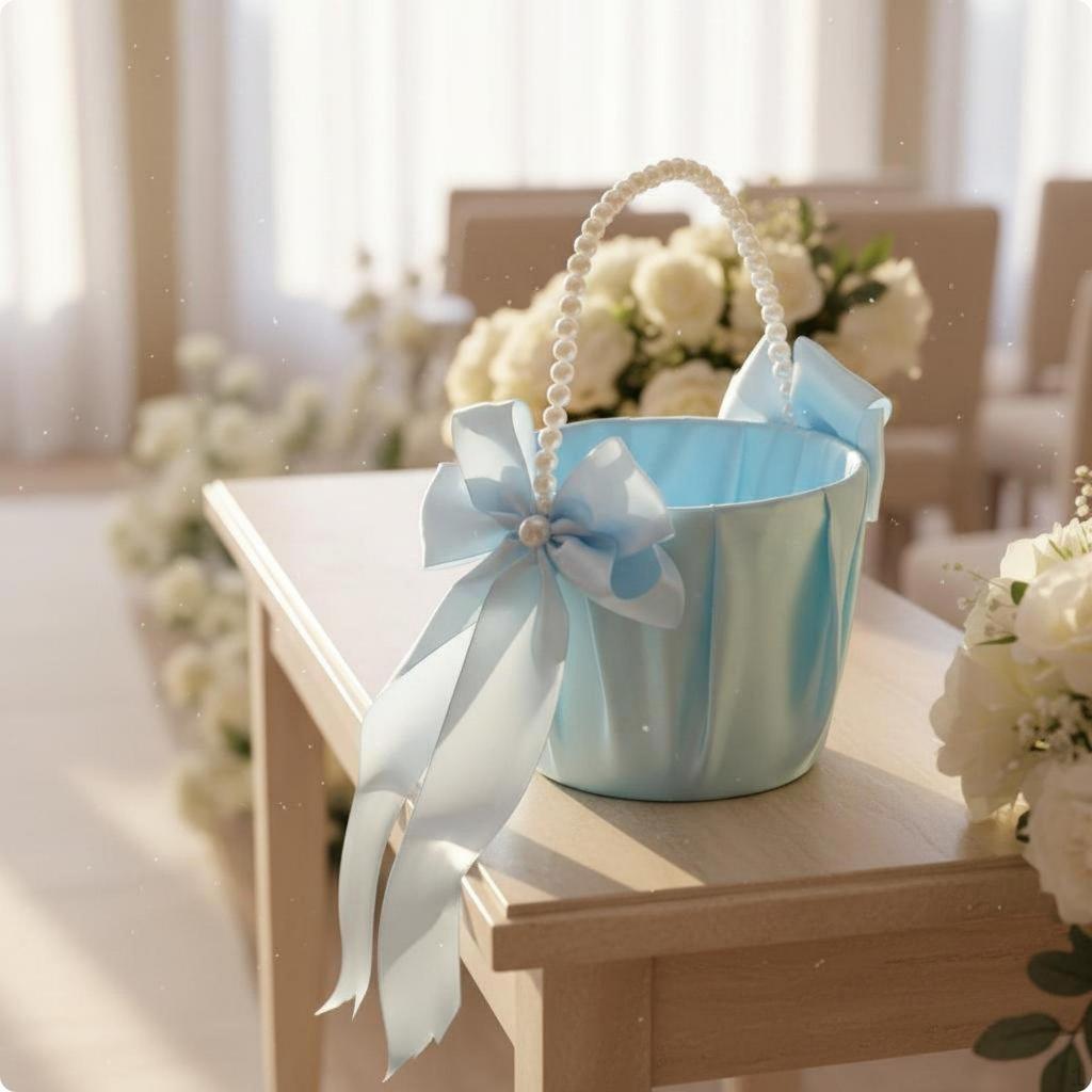 Wedding Flower Girl RibbonTrimmed Basket Decoration Satin Romantic Design