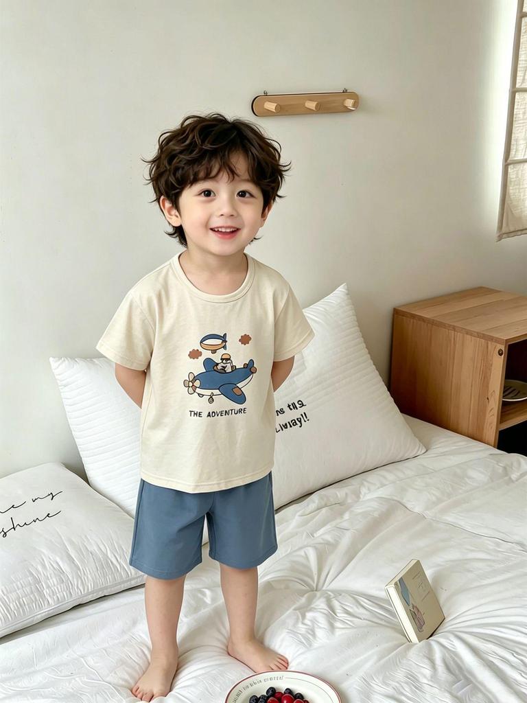 Children's Cartoon Cotton Short Sleeve Pajama Set - Unisex, Medium & Large