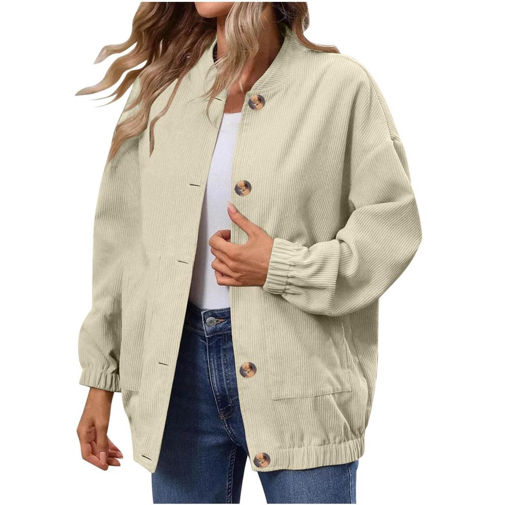 Women's Fashionable Solid Color Long Sleeved Button Jacket With Baseball Stand Up Collar Pocket Casual Jacket