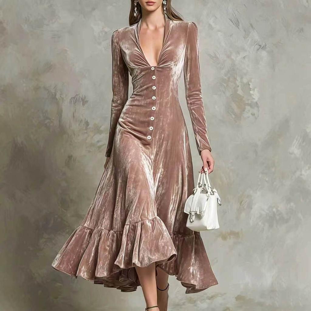 Abito Lungo da Donna in Velluto Colorato Vintage con Maniche Lunghe, Scollo a V, Vita Bottone e Fondo Arricciato