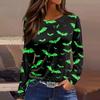 Women's Halloween Print Long Sleeve Top with Round Neck and Hem Slit