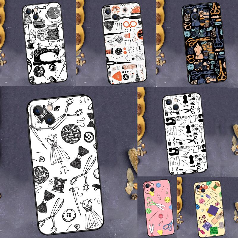 Sewing Scissors Buttons Phone Case For iPhone 17 16 15 14 12 11 13 Pro Max Mini 15 16 Plus 16e 17 Air Bumper Cover