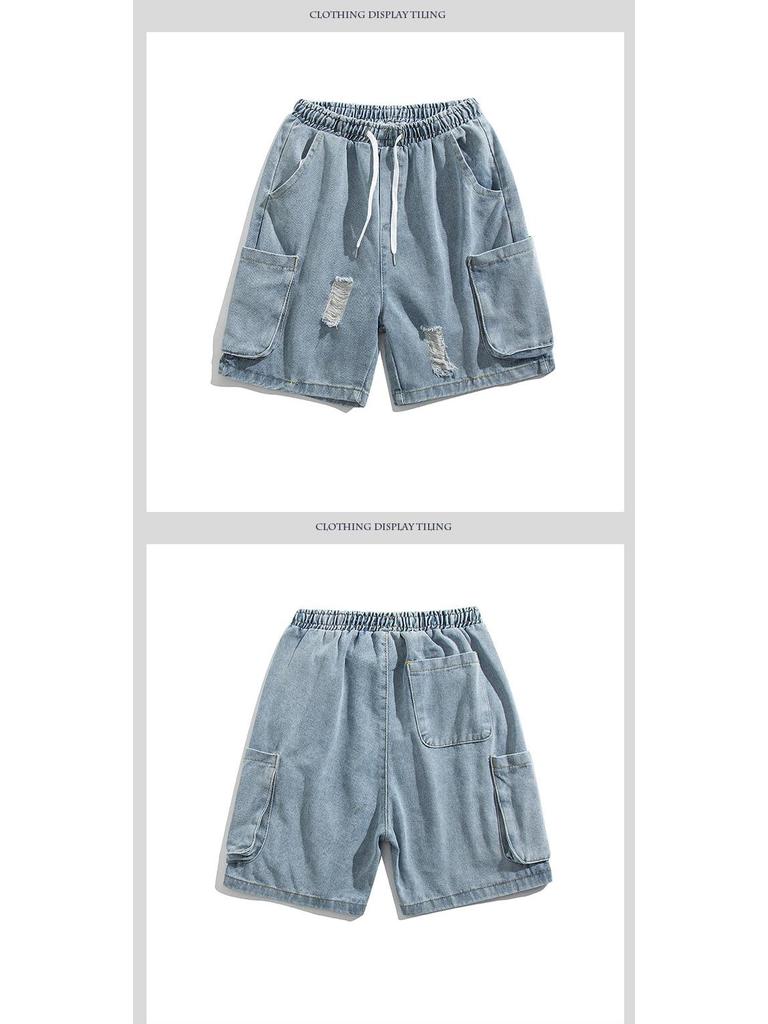 Men's Trendy Loose-Fit Ripped Denim Shorts with Big Pockets - Versatile Straight Leg Summer Casual Workwear.