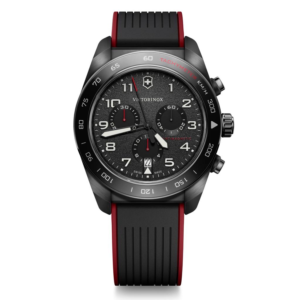 Victorinox SWISS ARMY Chronograph Analog Quartz Black Red Rubber Stainless Steel Case Interchangeable Brand Gift Water-Resistant Men's Watch, Dial,