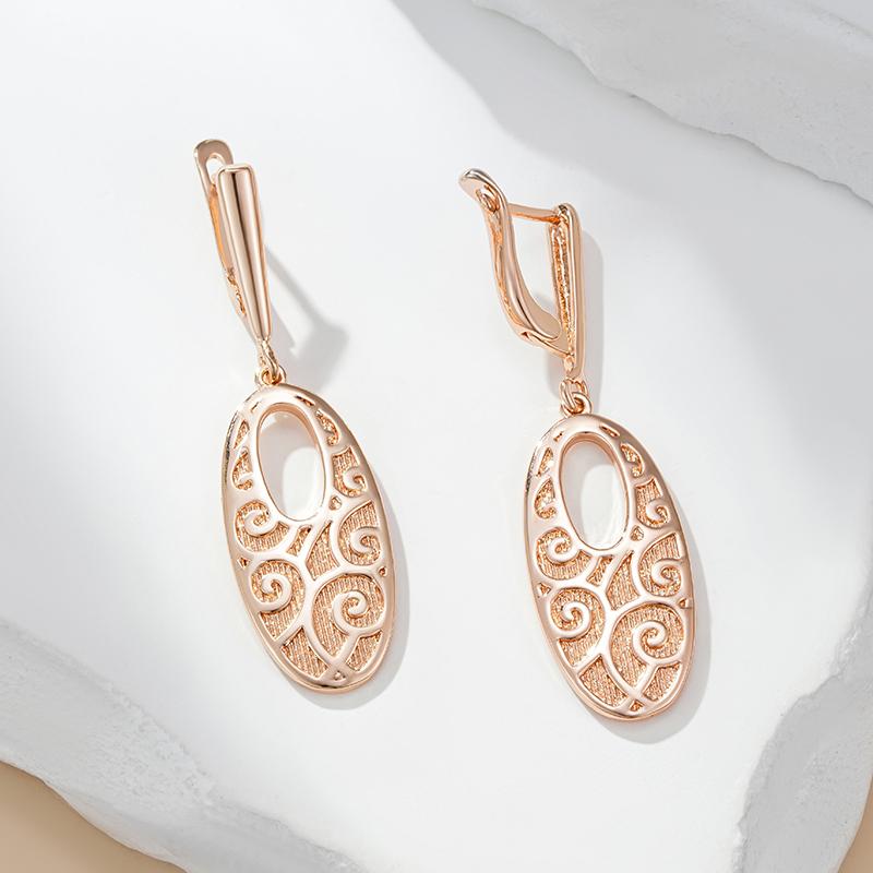 Fashion Glossy Oval Long Drop Earrings For Women  Rose Gold Unique Pattern Metal Bride Wedding Daily Party Jewelry