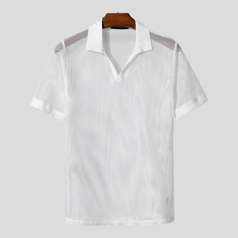 

INCERUN Men Lapel Neck Short Sleeves See Through Hollow Mesh Tops T-shirts S белый