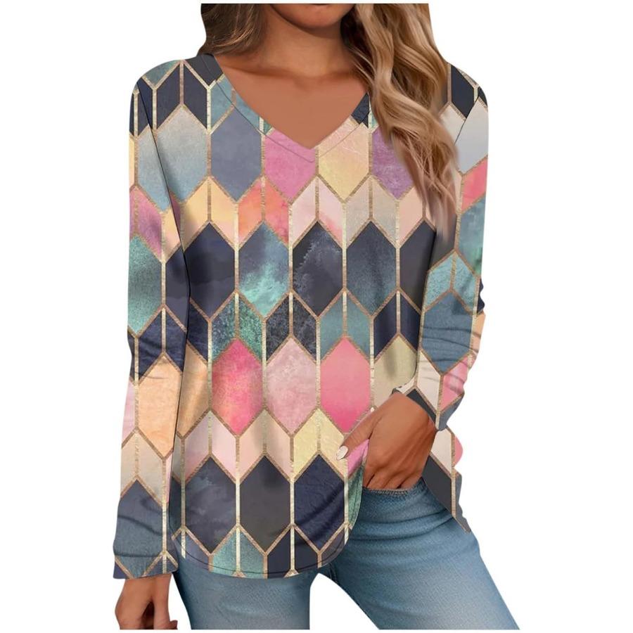 Women's Fashion V-neck Long Sleeved T-shirt Vintage 3d Printed Top