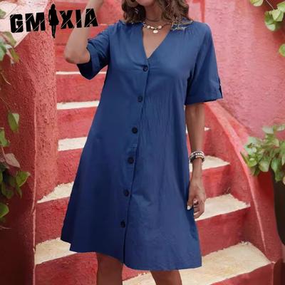 Robes pour femmes en coton délavé, manches courtes, mi-longues, simple boutonnage, col en V, ample, couleur unie, robes trapèze