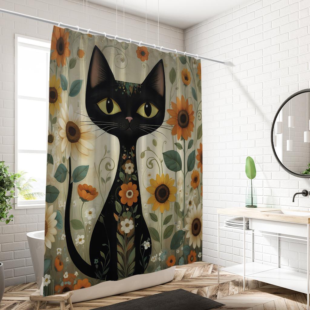 1PC Watercolor Cats and Sunflowers Printed Shower Curtain, Waterproof, Washable, with 12 Hooks, Bathroom Shower, Home Use