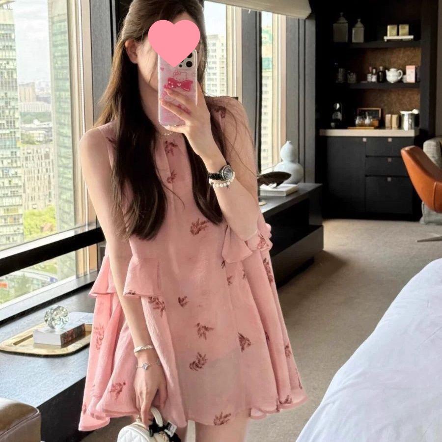 French Floral Print Dress: 2026 Summer Collection - Waist-Cinching Slimming Design, Sweet Temperament Skirt for Women. M