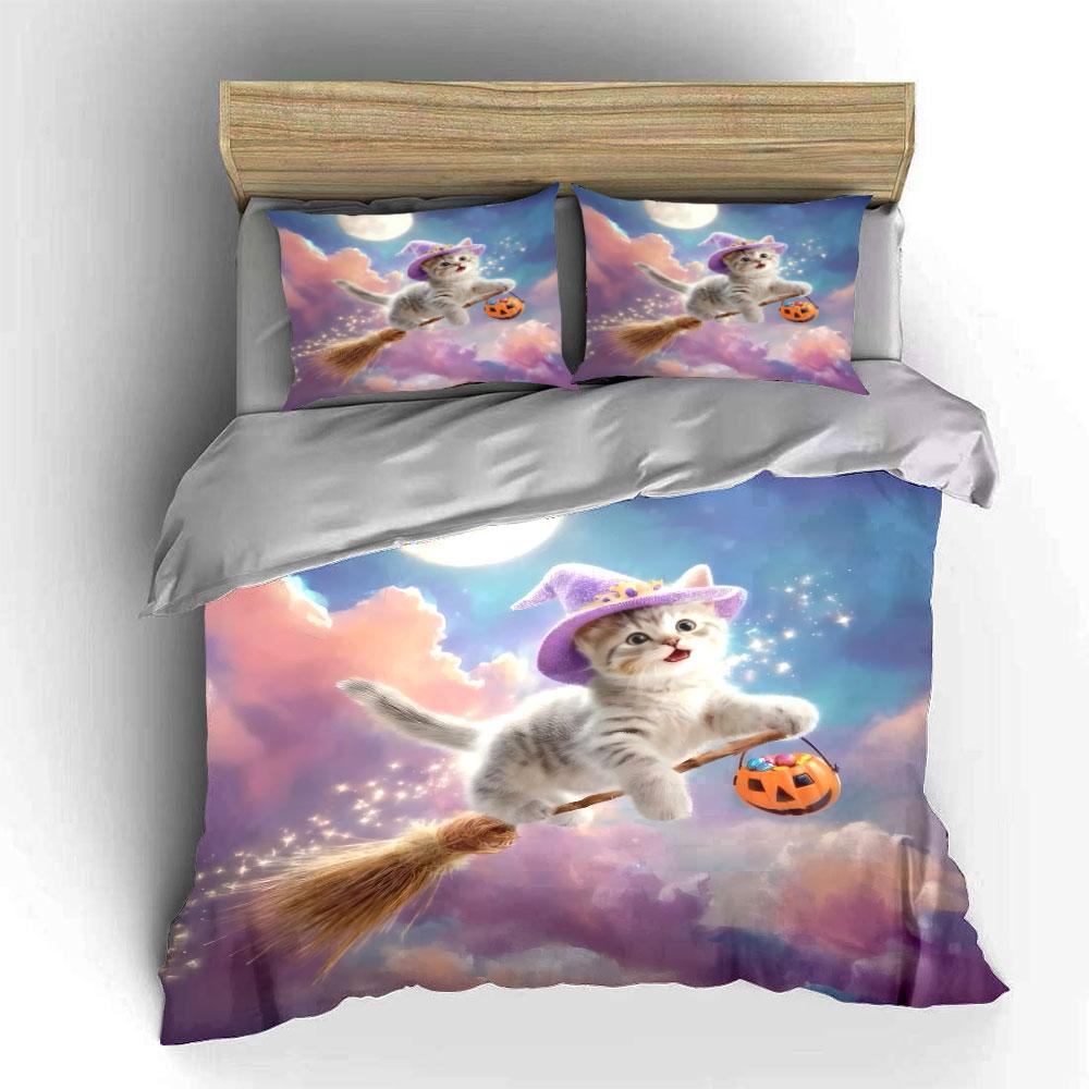 Cute Kitten Halloween Decoration Set Soft Comfortable Duvet Cover Bedding Set Included 1*Duvet Cover & 2*Pillowcases, Gift