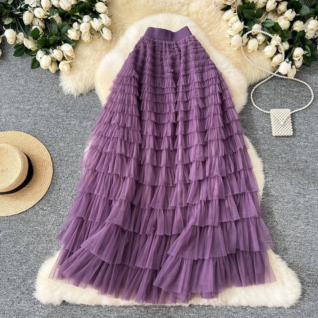 Summer Women Elegant Ruffles Mesh Elstic Waist Long Midi Cake Skirt