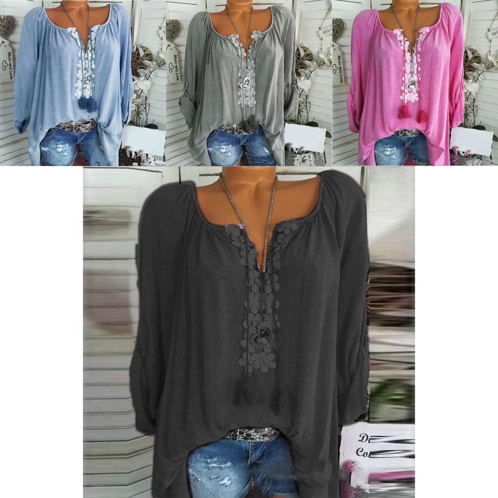 Elegant Plus Size Women Boho Long Sleeve Blouse Baggy Tops With V Neck Design