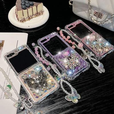 Schmetterling Blume Voll Diamant Armband Handyhülle für Samsung Galaxy Z Flip 6 5 Flip 4 3 Glitzer Bling Strass Rückseite