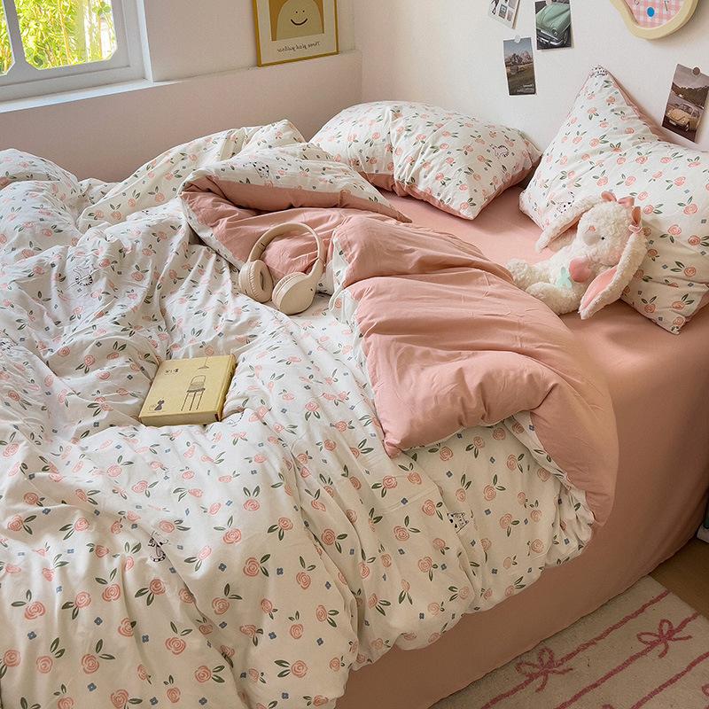 Class A Mother and Baby Grade Naked Sleeping Four-piece Set Fresh Washed Cotton Sheets Quilt Cover Bed Sheet Type Pure Cotton Three-piece Set