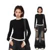 Black Faux Two-Piece Long-Sleeve T-Shirt - 2024 Spring/Autumn Pleated Color Block Slimming Fashion Top